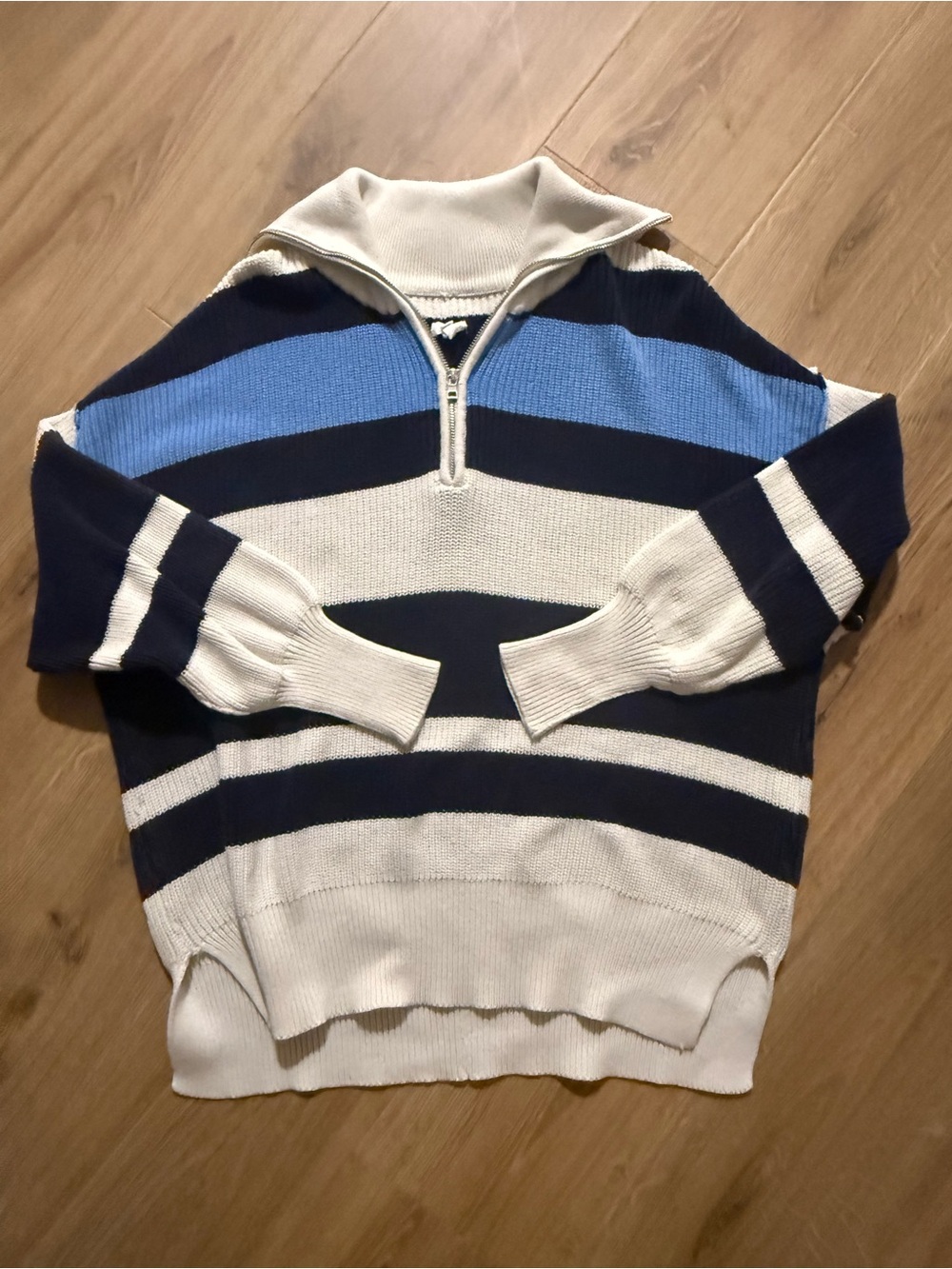 Aerie Quarter-Zip Striped Knit Sweater in Navy, Ivory & Sky Blue